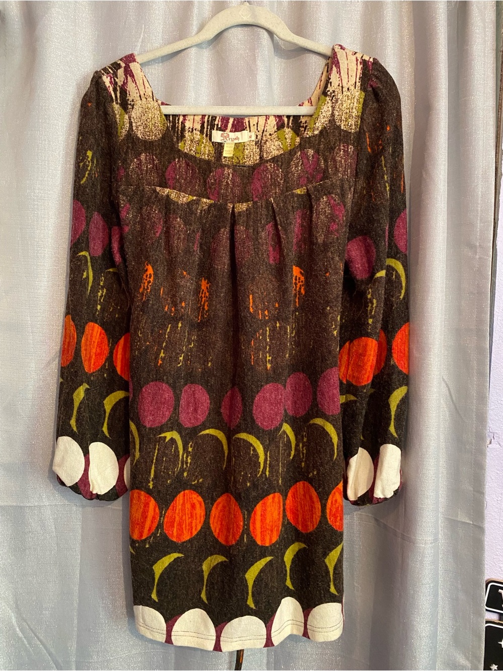 Aryeh Brown Dress with Orange, Pink & Green Circular Print